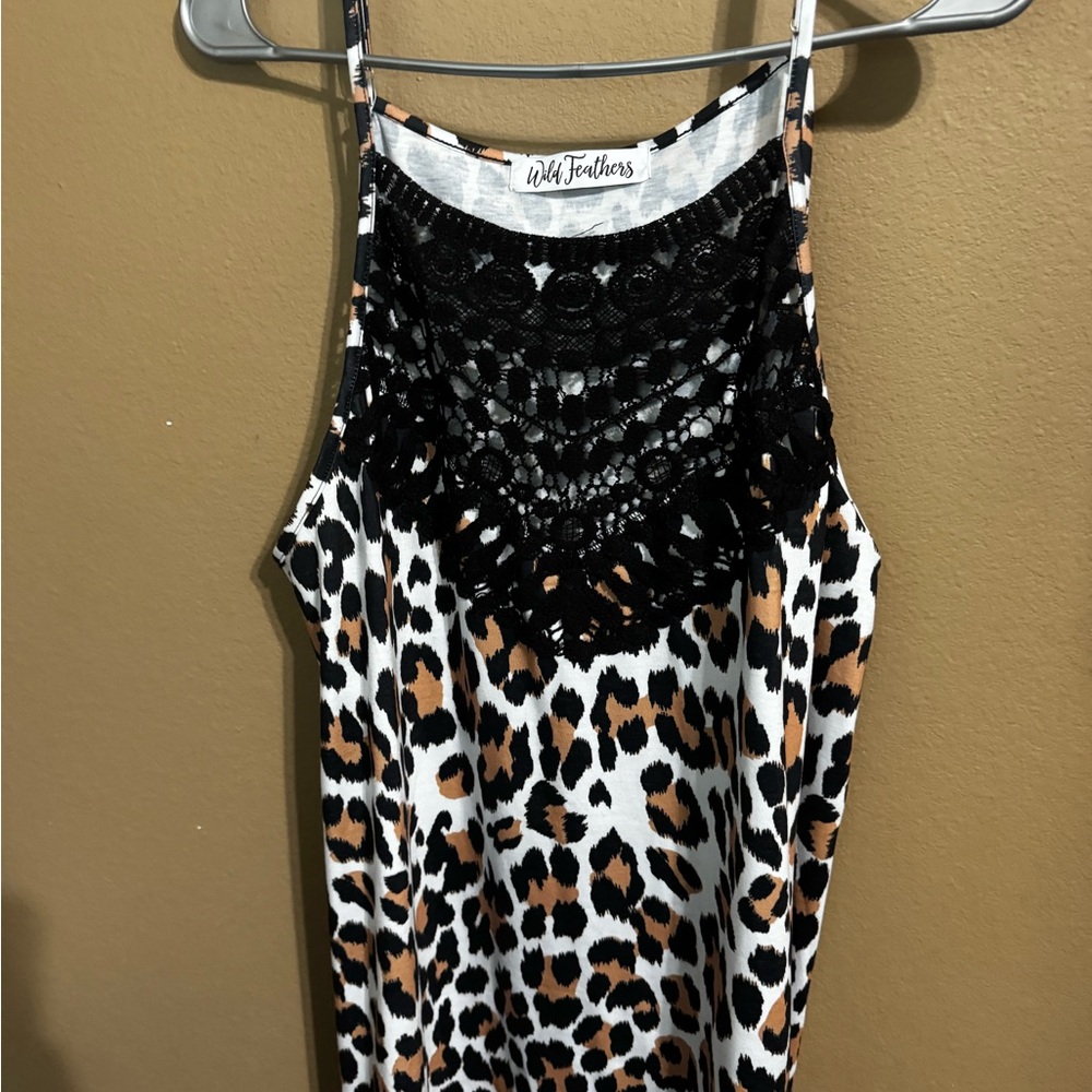 Wild Feathers Animal Print Tank with Black Crochet Size XL